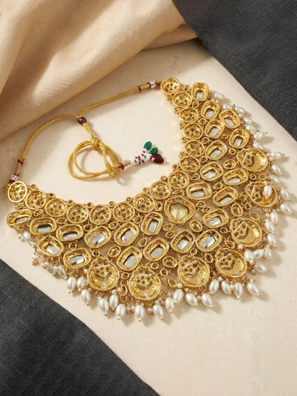 LUCKY JEWELLERY Gold Plated Kundan White Beads Bridal Jewellery Set Traditional Designer  Statement Set (4554-IZS-0003-W)