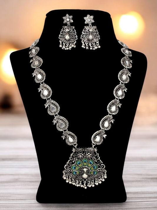 Trendy Oxidised Silver Plated Ethnic Navratri Jewellery Boho Peacock Design Necklace With Earrings (479-TSO-110-Q)