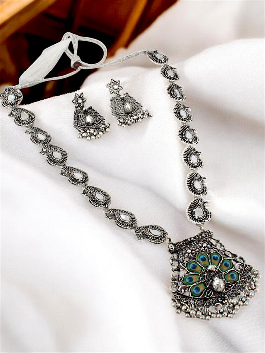 Trendy Oxidised Silver Plated Ethnic Navratri Jewellery Boho Peacock Design Necklace With Earrings (479-TSO-110-Q)