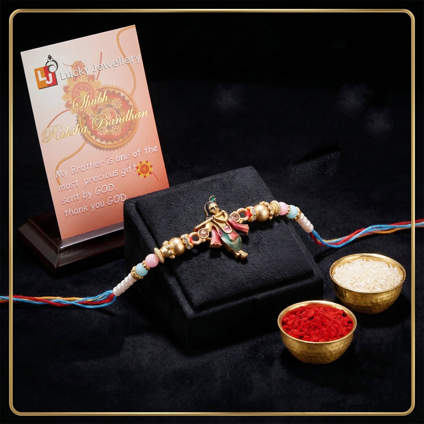 Designer Bal Gopal / Krishna Rakhi for Brother with Roli, Chawal & Greeting Card (49-S7R1-KB2128)
