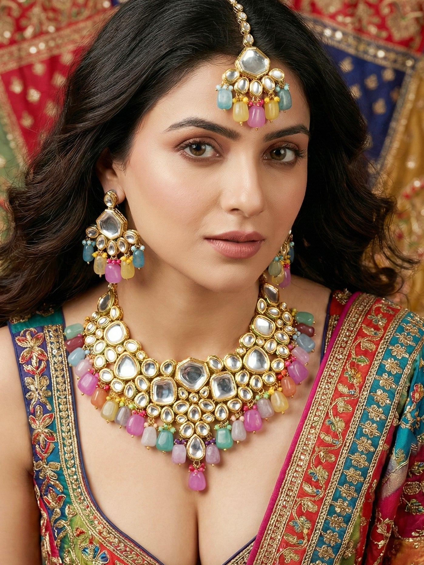 18 KT Gold Plated Multi-Color Kundan Bridal & Semi-Bridal Necklace Set with Earrings & Maang Tikka (4997-J5SK-1574-MT)