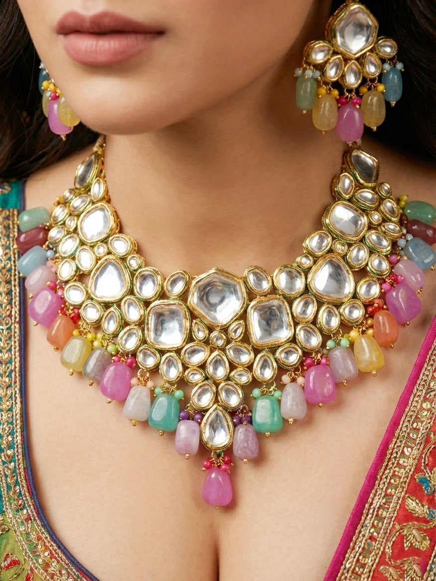 18 KT Gold Plated Multi-Color Kundan Bridal & Semi-Bridal Necklace Set with Earrings & Maang Tikka (4997-J5SK-1574-MT)