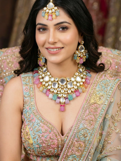 18 KT Gold Plated Multi-Color Kundan Bridal & Semi-Bridal Necklace Set with Earrings & Maang Tikka (4997-J5SK-1574-MT)