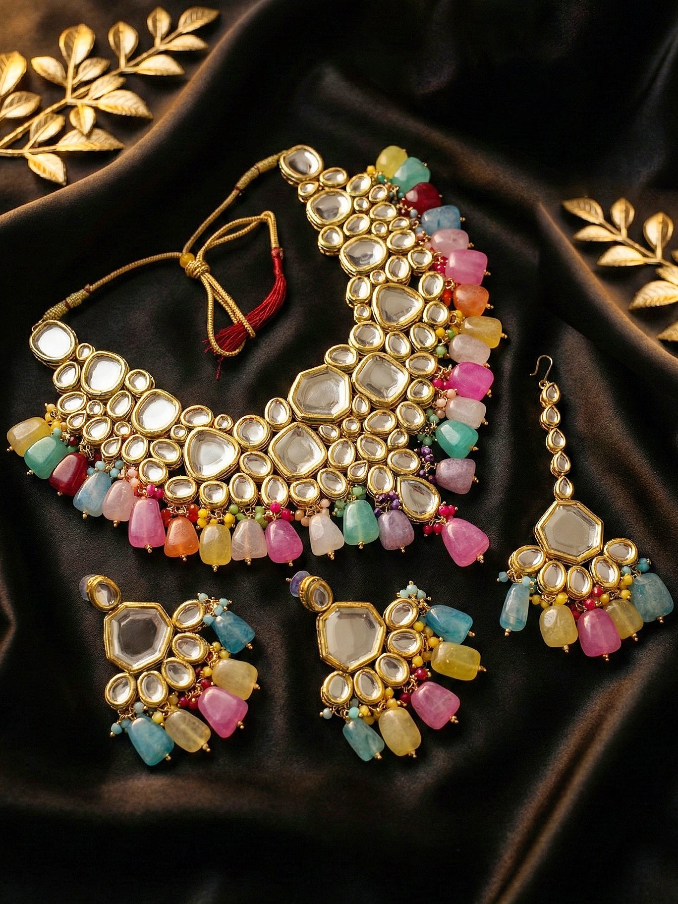 18 KT Gold Plated Multi-Color Kundan Bridal & Semi-Bridal Necklace Set with Earrings & Maang Tikka (4997-J5SK-1574-MT)