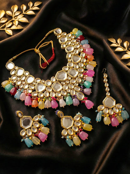 18 KT Gold Plated Multi-Color Kundan Bridal & Semi-Bridal Necklace Set with Earrings & Maang Tikka (4997-J5SK-1574-MT)