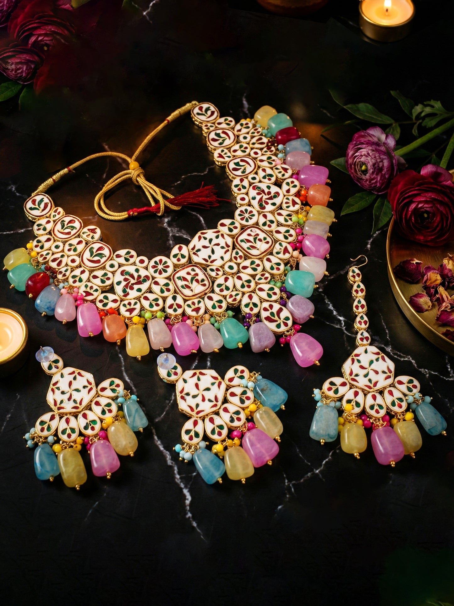 18 KT Gold Plated Multi-Color Kundan Bridal & Semi-Bridal Necklace Set with Earrings & Maang Tikka (4997-J5SK-1574-MT)