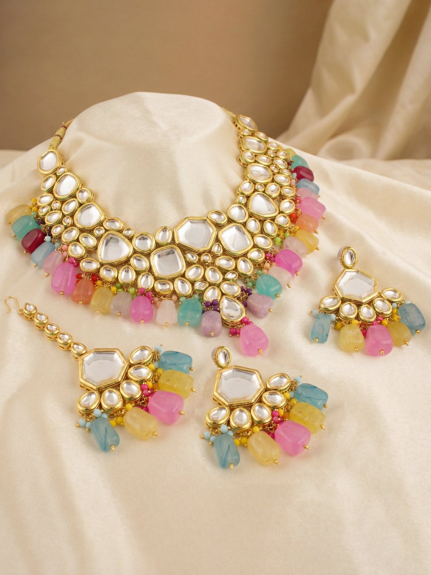 18 KT Gold Plated Multi-Color Kundan Bridal & Semi-Bridal Necklace Set with Earrings & Maang Tikka (4997-J5SK-1574-MT)