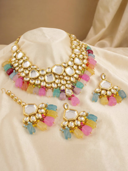 18 KT Gold Plated Multi-Color Kundan Bridal & Semi-Bridal Necklace Set with Earrings & Maang Tikka (4997-J5SK-1574-MT)