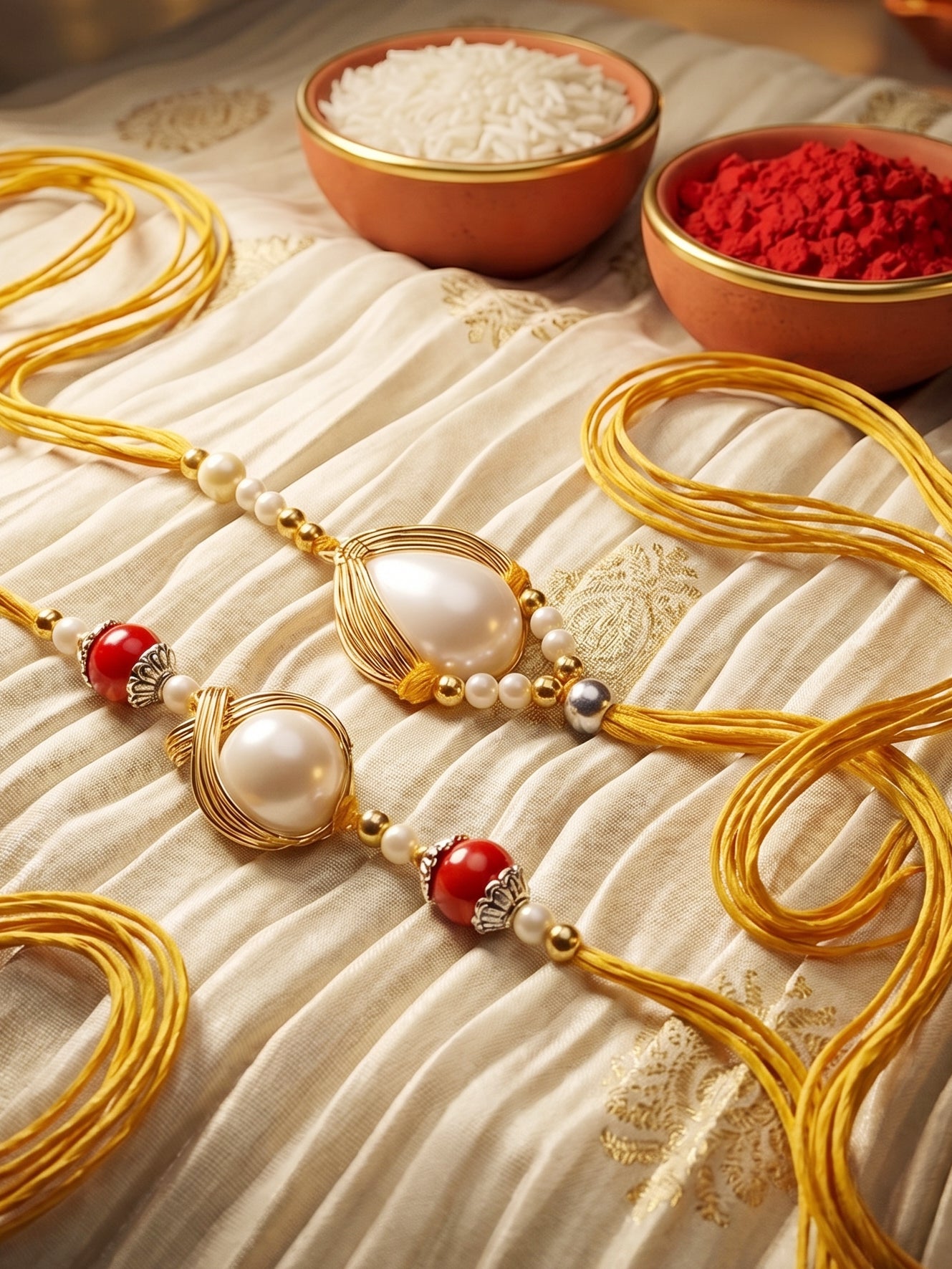 Set of 2 Designer Rakhi for Brother, White Stone Centerpieces with Golden Beads, Roli, Chawal (275-CHR1-1137-2-2026)