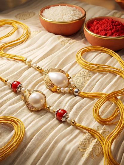 Set of 2 Designer Rakhi for Brother, White Stone Centerpieces with Golden Beads, Roli, Chawal (275-CHR1-1137-2-2026)