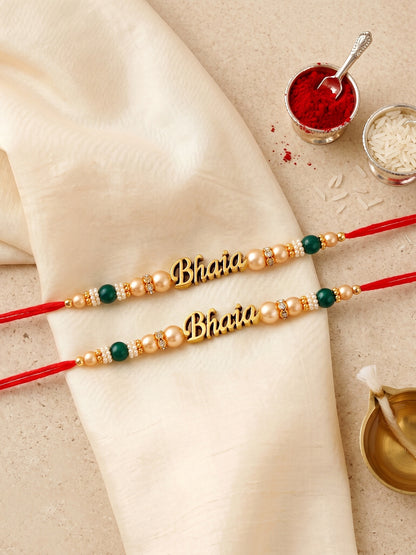 Set of 4 Gold Bhaia Rakhi for Brothers with Green & Beads, Roli Chawal & Card (94-CHR1-1965-4-2026)