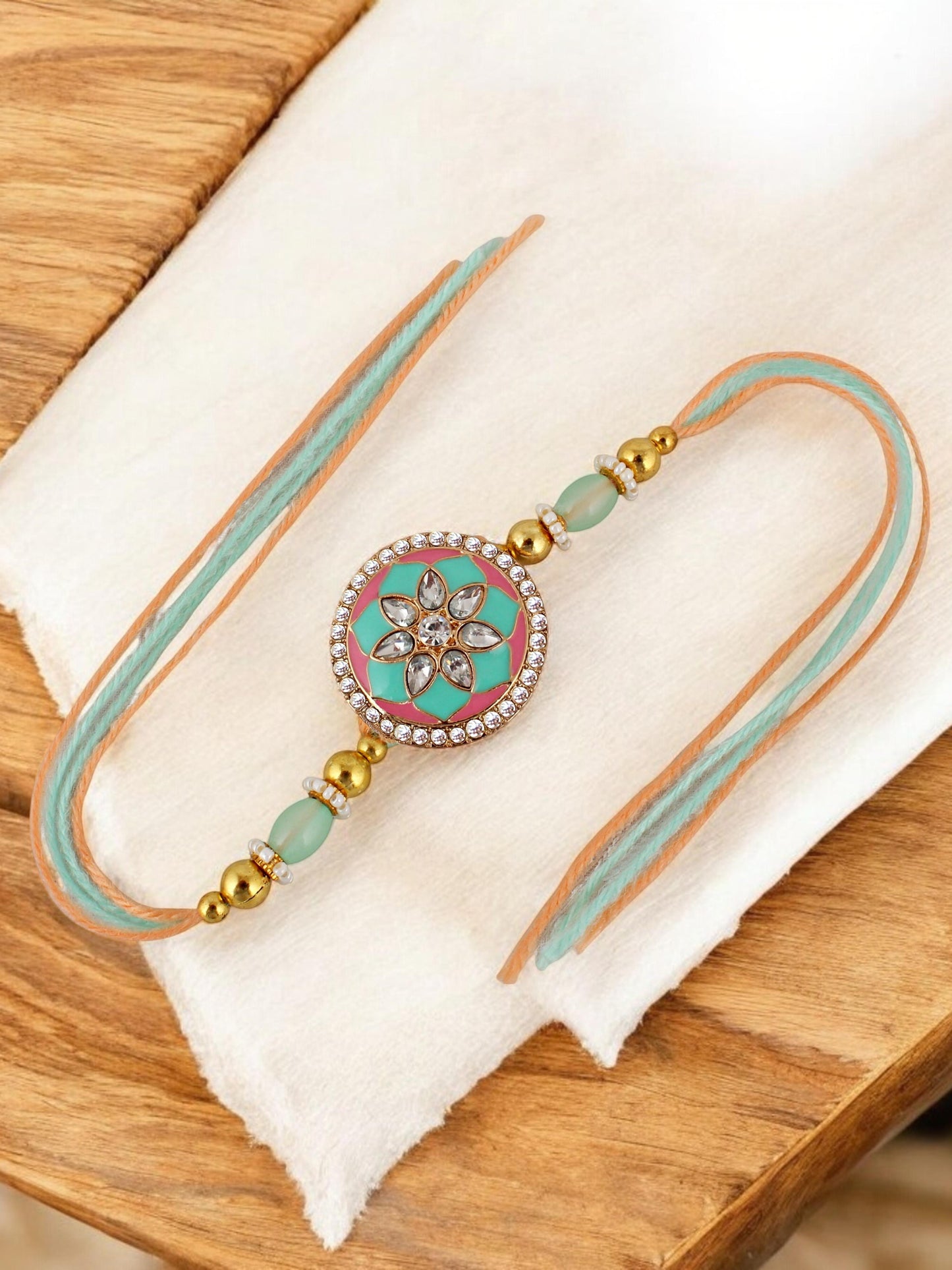 Lucky Jewellery Designer Gold Plated Pink and Mint Meena Stone Rakhi - Rakshabandhan Rakhee with Tasseled Lumba Bracelet for Brother Bhaiya Bhai Bhabhi - Pack of 2 (325-CHCR1-1152-PKMNT-2)