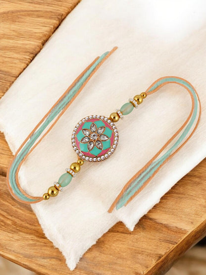 Lucky Jewellery Designer Gold Plated Pink and Mint Meena Stone Rakhi - Rakshabandhan Rakhee with Tasseled Lumba Bracelet for Brother Bhaiya Bhai Bhabhi - Pack of 2 (325-CHCR1-1152-PKMNT-2)
