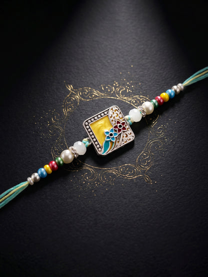 Traditional Meenakari Floral Rakhi For Brother | Silver-Finish Square Yellow Enamel Beaded Set Card (132-S5R1-AR2775)