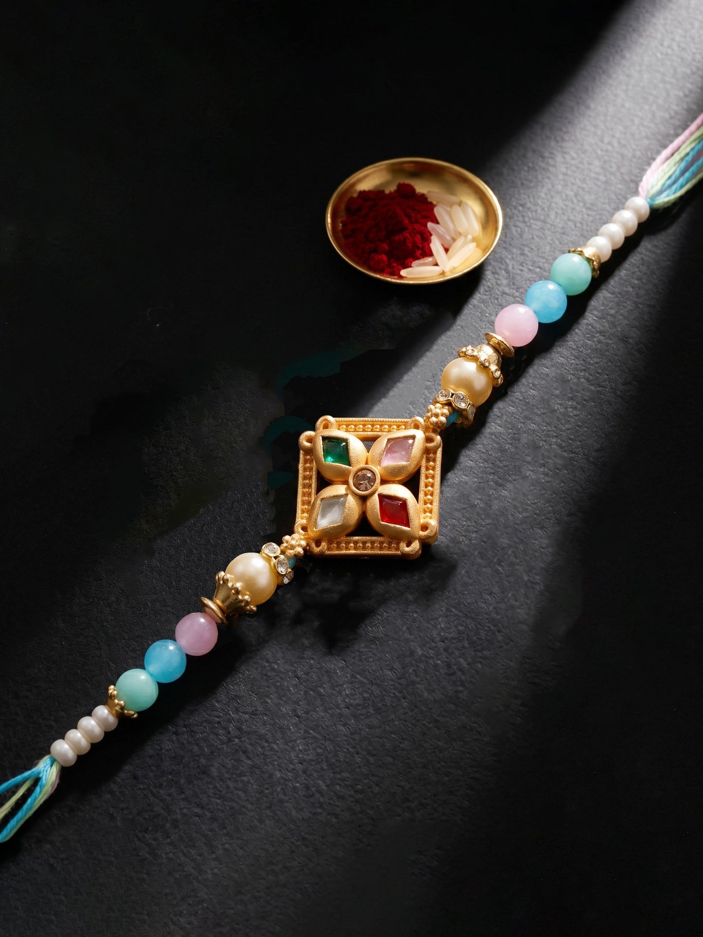 Designer Multi-Color Floral Stone Rakhi for Brother | Pastel Beaded Raksha Bandhan with Roli Chawal (49-S7R1-YO2118)