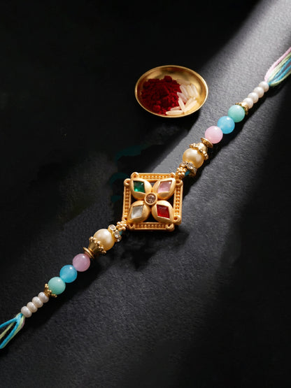 Designer Multi-Color Floral Stone Rakhi for Brother | Pastel Beaded Raksha Bandhan with Roli Chawal (49-S7R1-YO2118)