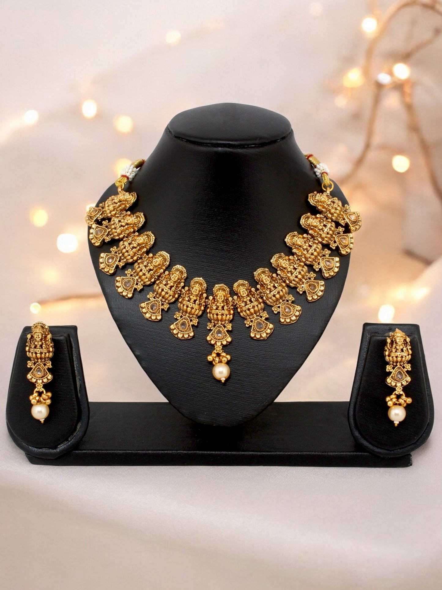 Gold Plated Temple Jewellery Goddess Lakshmi Design Necklace with Earrings