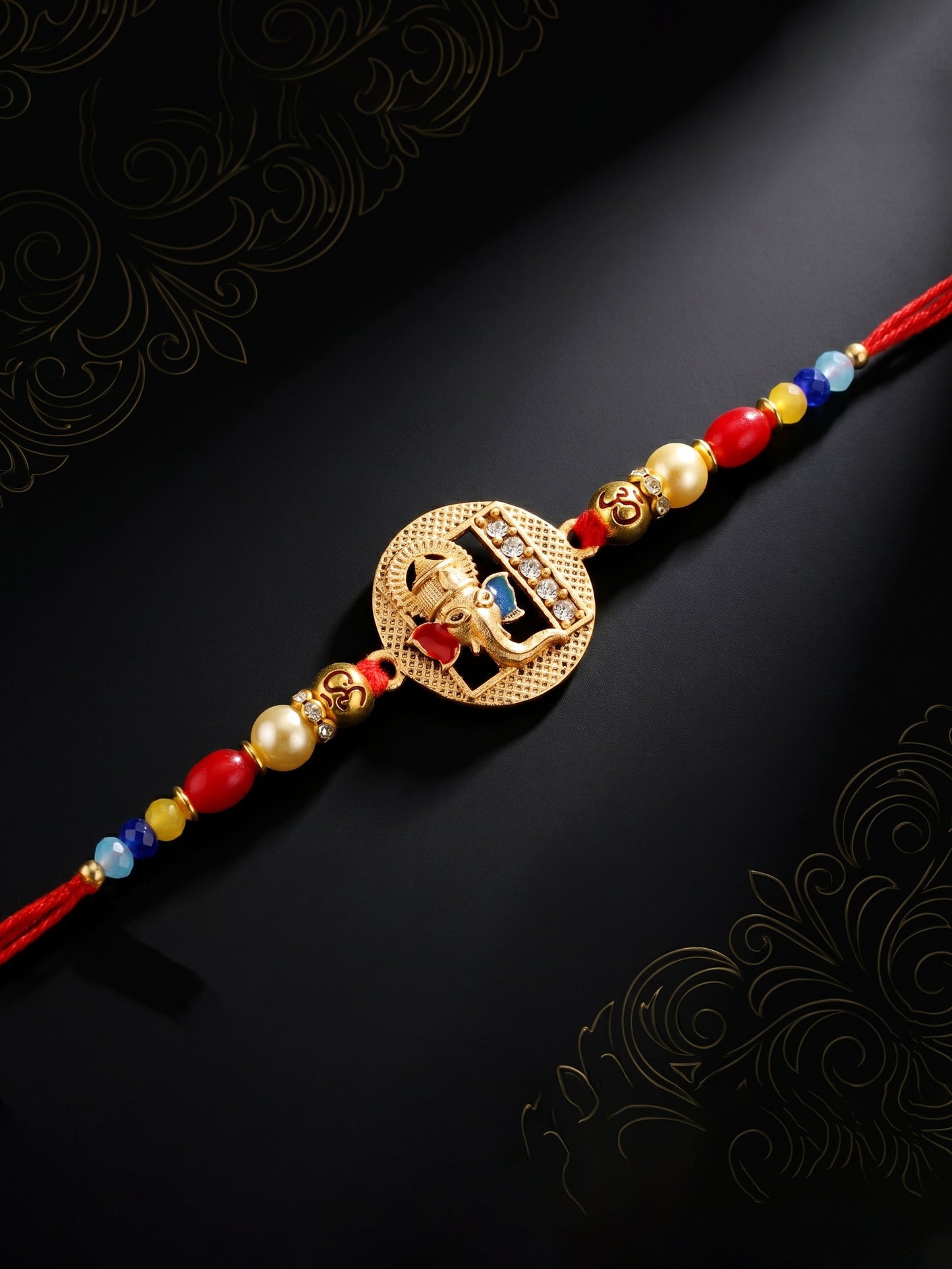 Divine Lord Ganesha & Spiritual Om Beaded Rakhi Set For Brother | With Roli Chawal & Greeting Cards (72-S5R1-AR2922)
