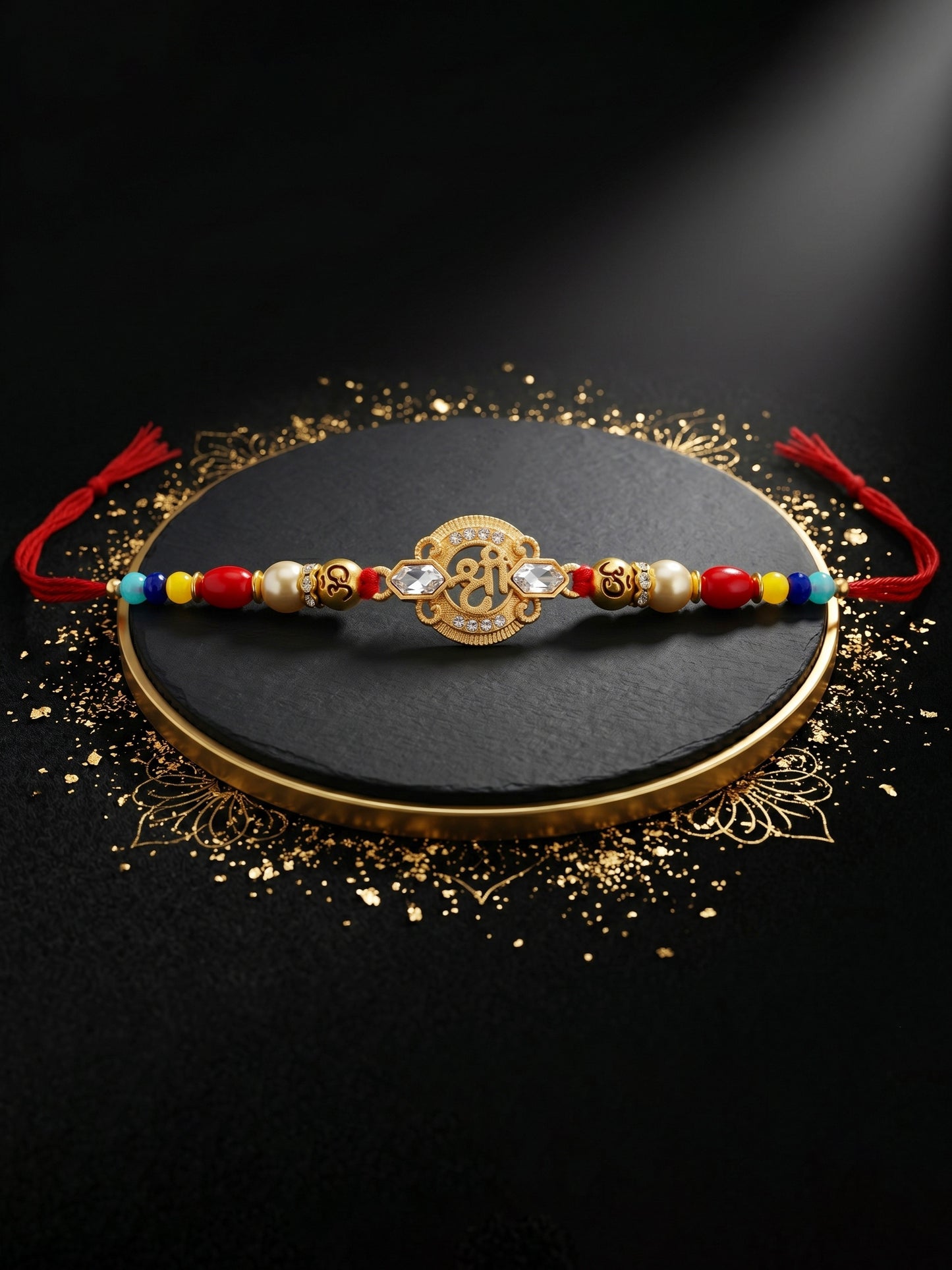 Religious Shree Symbol & Spiritual Om Beaded Rakhi Set for Brother | Roli Chawal, Card (72-S5R1-AR2967)