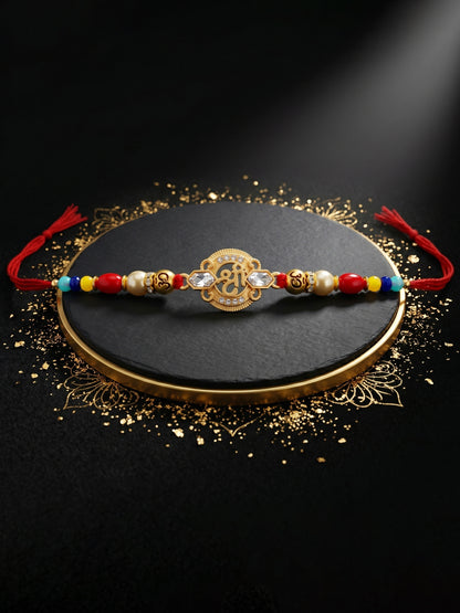 Religious Shree Symbol & Spiritual Om Beaded Rakhi Set for Brother | Roli Chawal, Card (72-S5R1-AR2967)