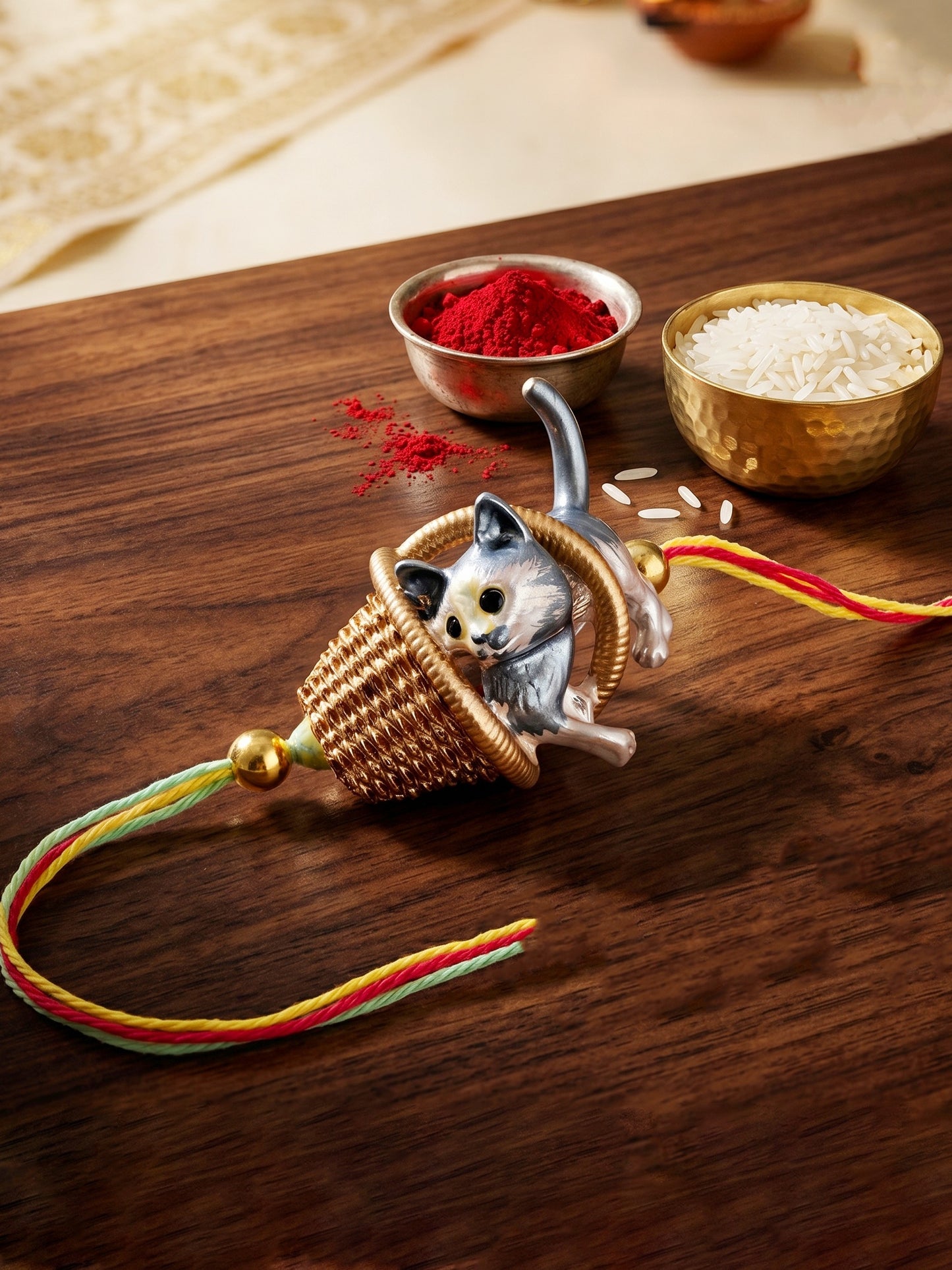 Kids Cute Kitten in Basket Rakhi for Brother with Metallic Beads, Roli Chawal & Card (225-CHR1-1314-1-2026)