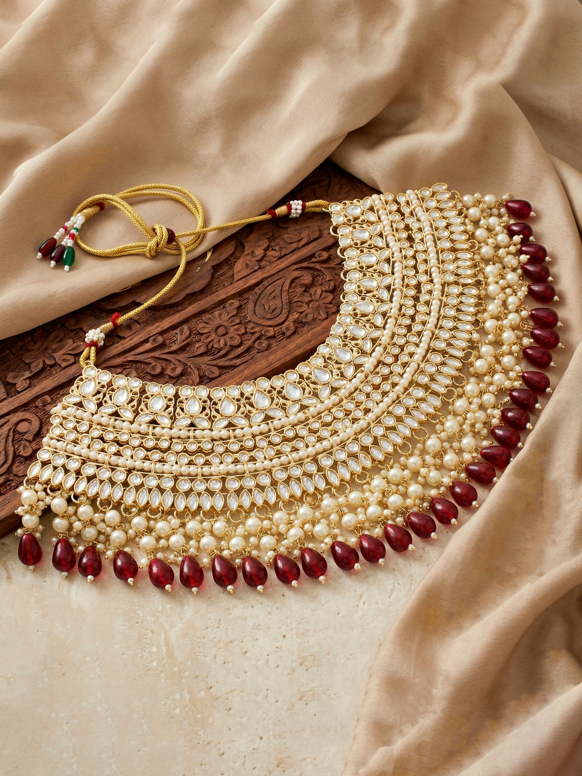 Gold Plated Kundan & Pearl Maroon Stone Bridal Choker Jewellery Set with Maang Tikka (1683-ISK-855-M)