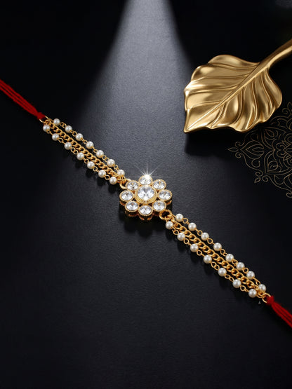 LUCKY JEWELLERY Traditional Rakhi for Brother/Bhaiya – Gold Plated Red Thread Rakshabandhan Rakhie in White Stones for Bhai/Bhabhi (Pack of 1) – Fancy Rakhee Bracelet Rakshasutra (99-L1R1-26-W-1-2026)