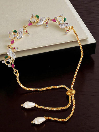 Lucky Jewellery Designer Gold Plated American Diamond (AD) Stone Rakhi - Rakshabandhan Peacock Design Rakhee Lumba Bracelet with Pull Chain for Brother Bhaiya Bhai Bhabhi - Pack of 5 (680-P4R1-1544-5)