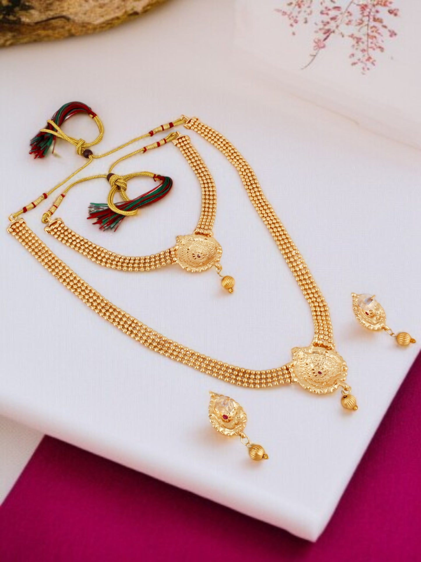 Gold Plated Traditional Double Necklace Set with Earrings For Women & Girls