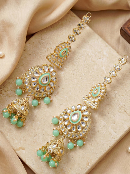 Bridal Kundan Mint Green Heavy Choker Jewellery Set with Hathphool & Nath (2640-IZK-551-MNT)