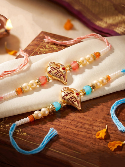 Lucky Jewellery Set of 4 Om Krishnaya Namah Shankh Rakhi for Brother with Roli, Chawal & Greeting Card (202-S7R1-2323-4)