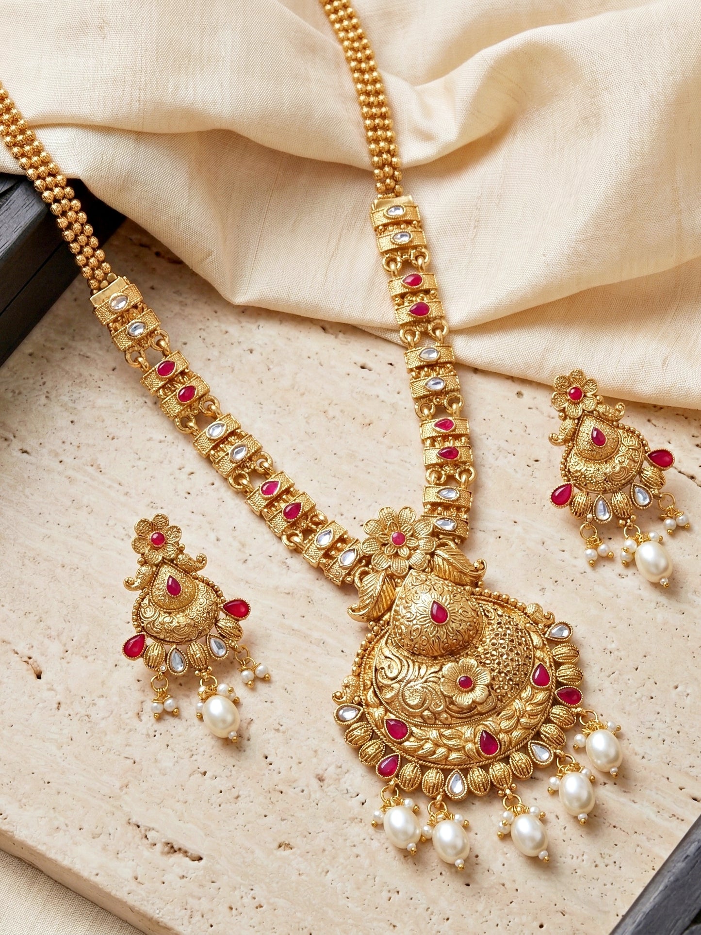 Lucky Jewellery Gold-Plated Ruby Color Long Necklace Set (660-G2SR-203-R)