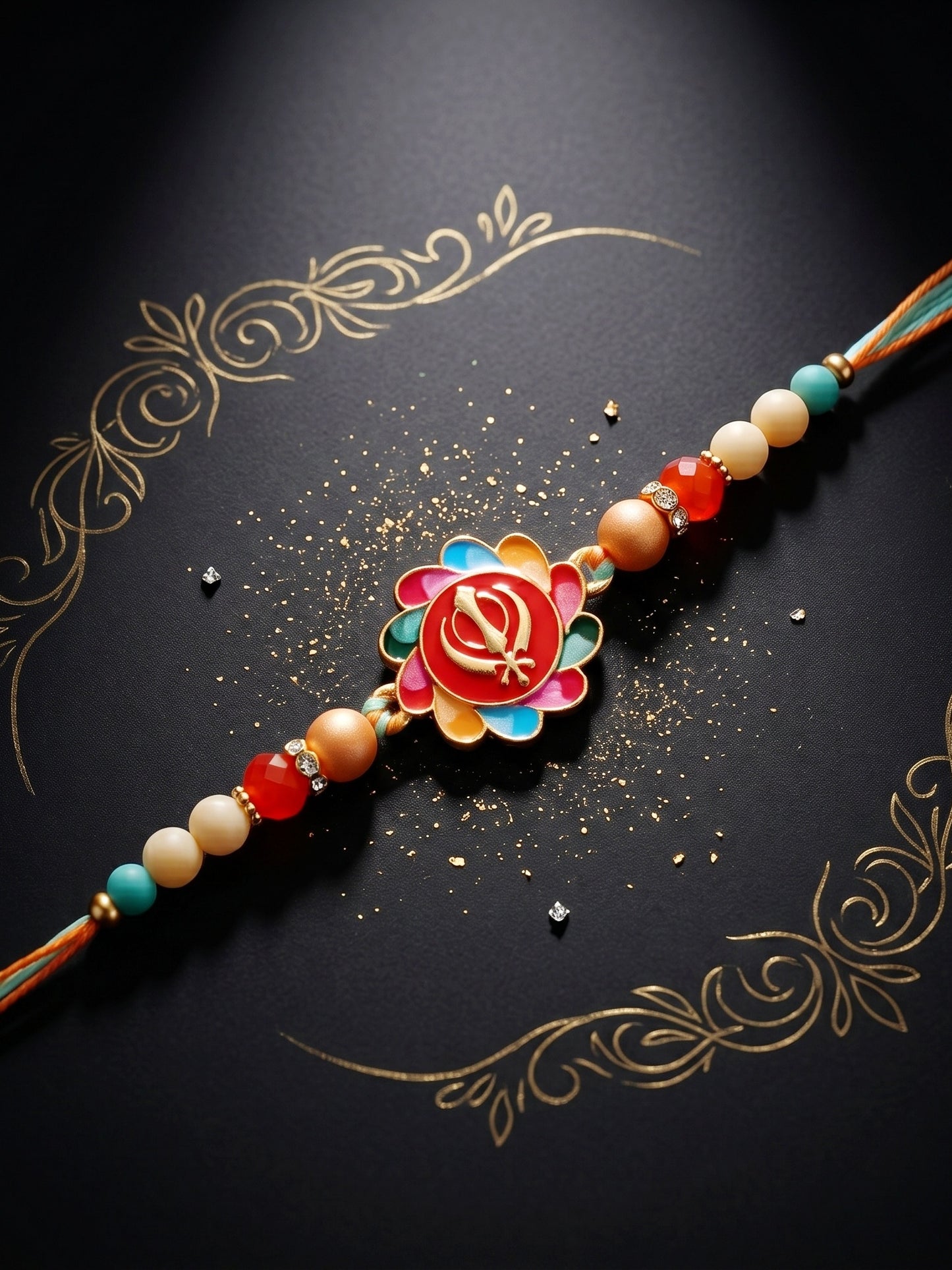 Lucky Jewellery Set of 3 Khanda & Ek Onkar Rakhi for Brother | Sikh Religious Beaded Raksha Bandhan Thread Combo with Roli, Chawal & Card (306-S5R1-2309-3)