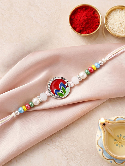 Traditional Meenakari Floral Rakhi For Brother | Silver-Finish Red & Maroon Enamel Beaded Rakhi Set (132-S5R1-AR2772)