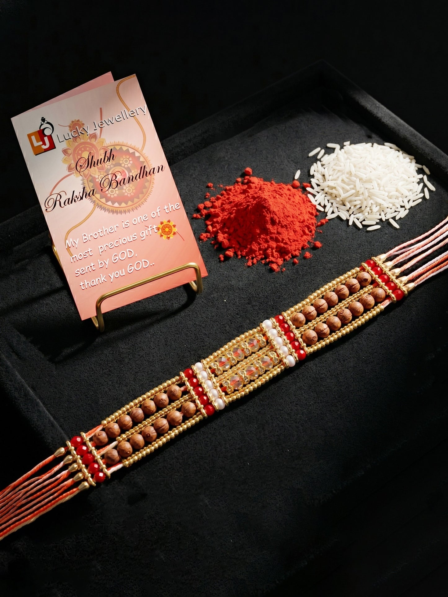 Designer Broad Bracelet Rakhi for Brother with Roli Chawal & Card | Multistrand Rudraksha Style Set (94-S7R1-EA3602)