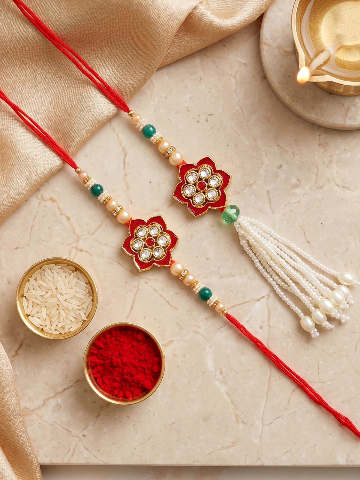 Set of 2 Bhaiya Bhabhi Rakhi Set with Red Floral, Green & White Beads, Tassel Lumba, Roli Chawal (118-JPCR1-1847-M-2-2026)