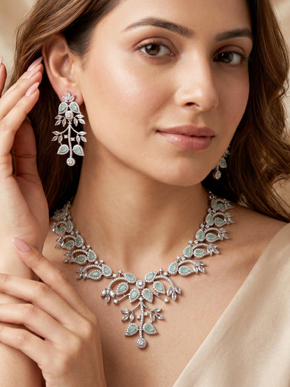 Lucky Jewellery Silver-Tone Turquoise Stone & American Diamond Necklace Set with Earrings for Women – Office, Party & Function Wear (1948-K4SA-2241-MNT-S)