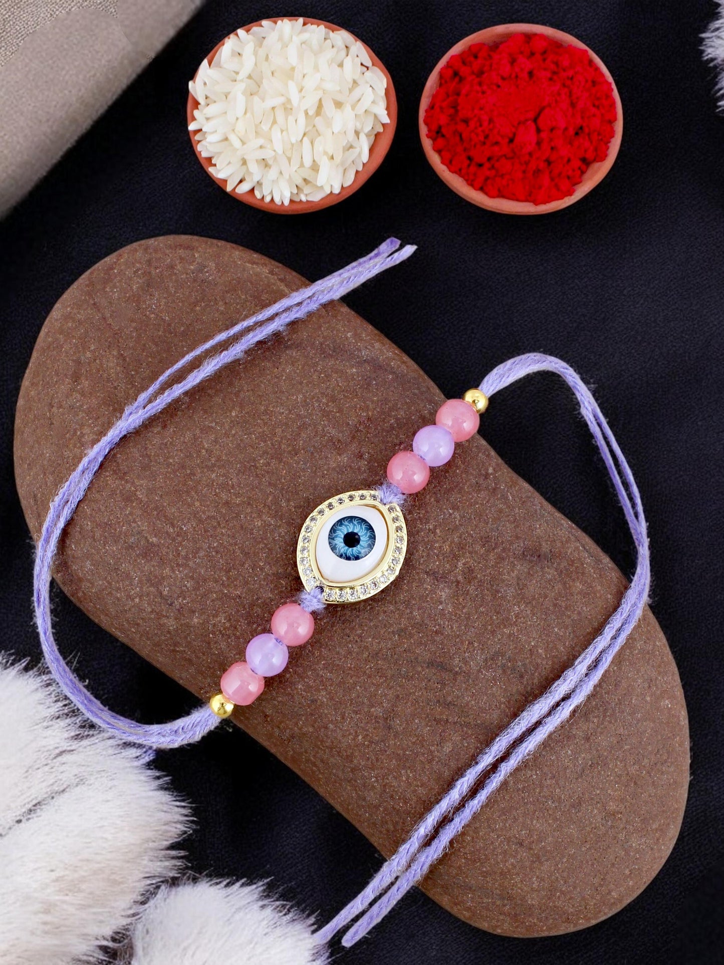 Lucky Jewellery Designer Gold Plated Evil Eye Stone Rakhi - Rakshabandhan Pearl Rakhee Bracelet for Brother Bhaiya Bhai Bhabhi - Pack of 1 (265-CHR1-1191-P-1)