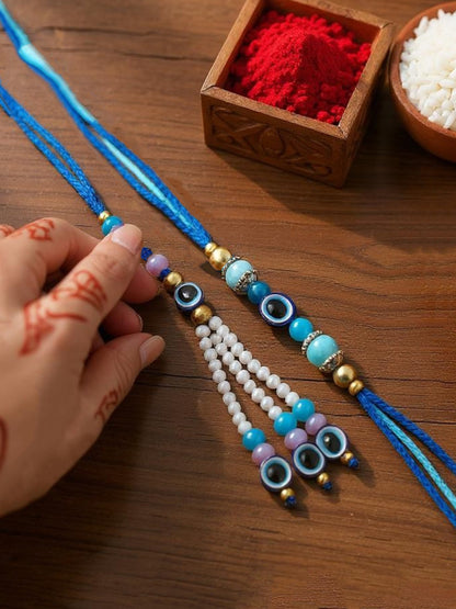 Lucky Jewellery Designer Blue Color Evil Eye Rakhi - Rakshabandhan Rakhee with Lumba Bracelet for Brother/Bhaiya/Bhai/Bhabhi - Pack of 4 (116-J5R1-1991-EE-4)