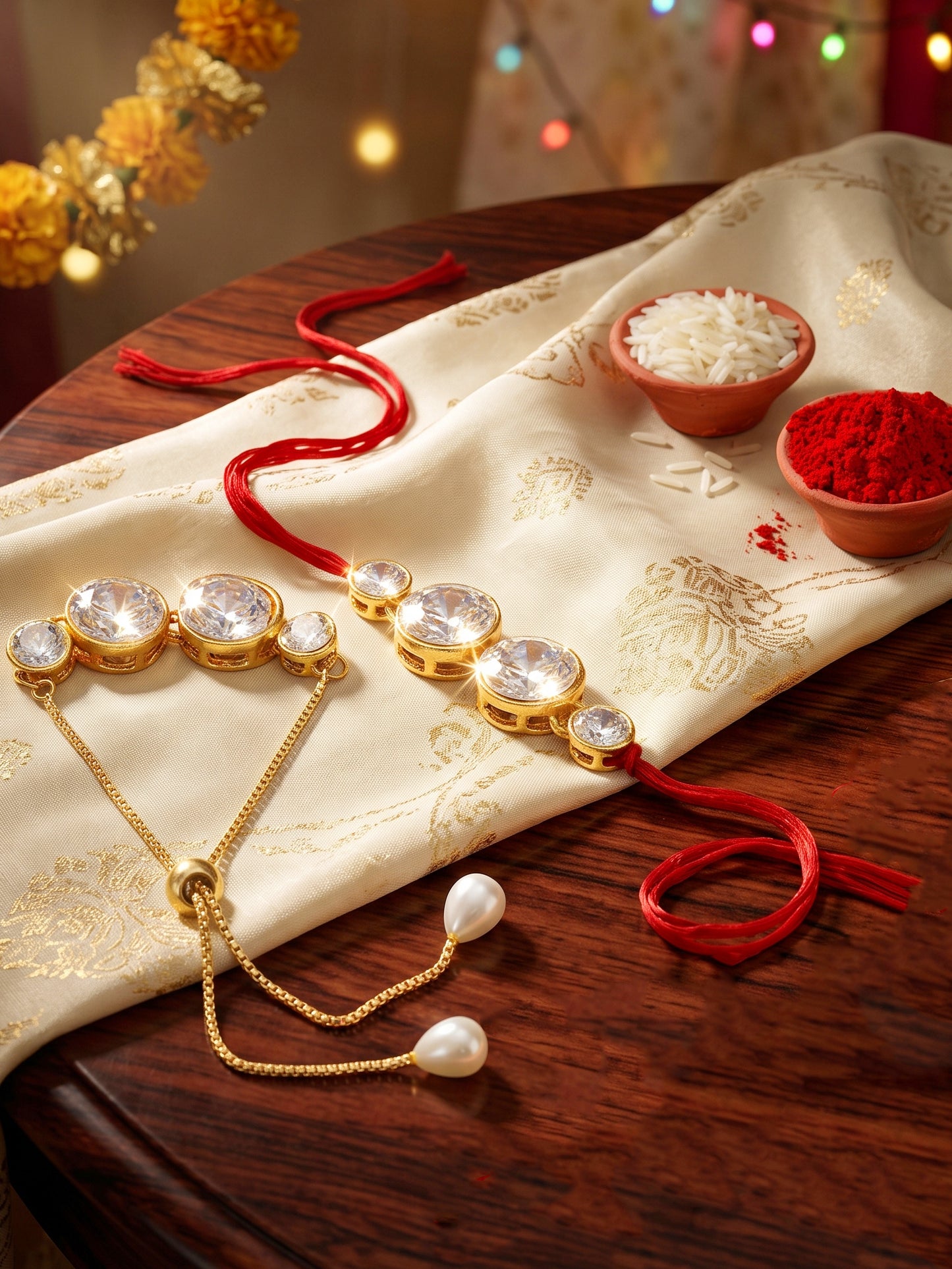 LUCKY JEWELLERY Rakhi for Brother/Bhaiya – Gold Plated Red Thread Rakshabandhan Rakhie in White Stones for Bhai/Bhabhi (Pack of 2) – Rakhee Bracelet with Pull Chain Rakshasutra (152-L1R1-10B-W-2-2026)