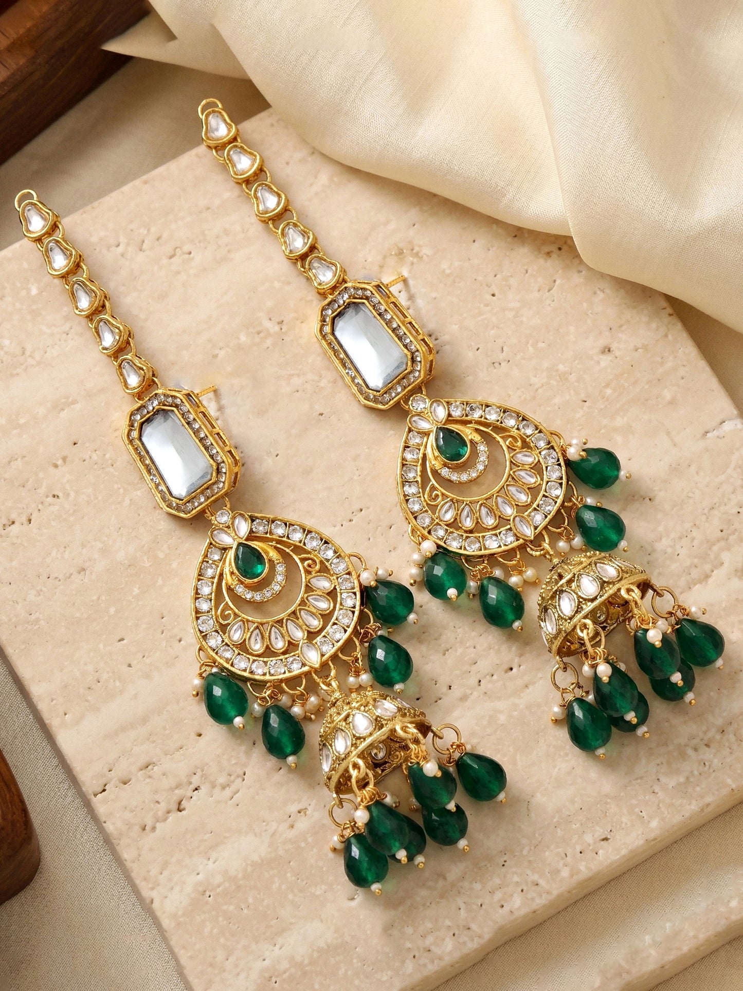 Bridal AD Green Stone Heavy Choker Jewellery Set with Sheesh Patti, Nath & Jhumka (3300-M8ZK-1106-G)