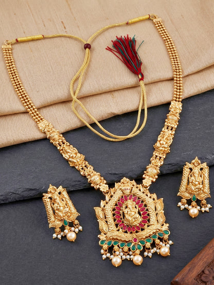 Lucky Jewellery Gold-Plated Ganesh Idol Temple Ruby & Green Color Necklace Set (660-G2SR-201-RG)