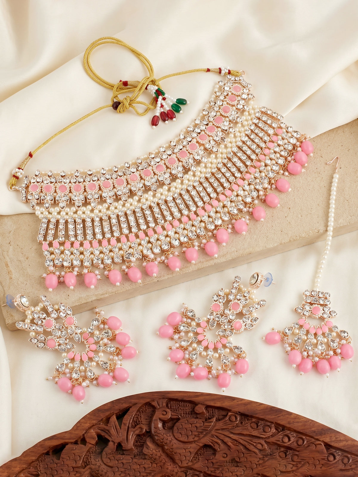 Rose Gold Plated AD Pink Stone & Pearl Bridal Choker Jewellery Set with Maang Tikka (974-B5SP-007-PK)