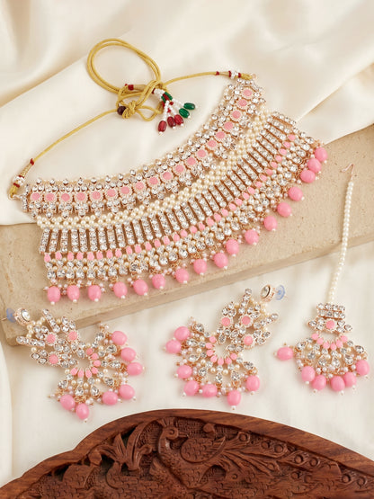Rose Gold Plated AD Pink Stone & Pearl Bridal Choker Jewellery Set with Maang Tikka (974-B5SP-007-PK)