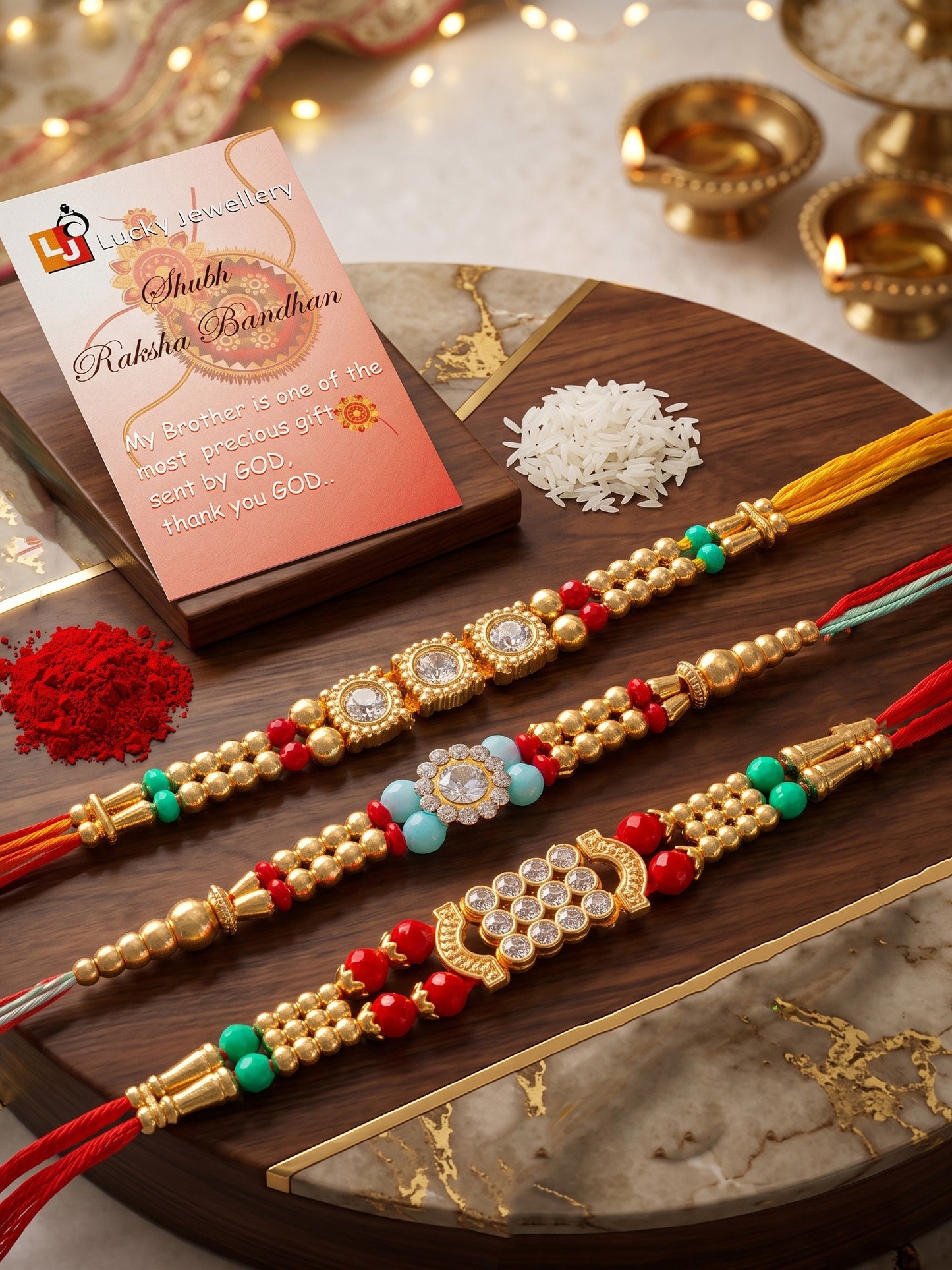 Lucky Jewellery Set of 3 Rakhi with Small Crystal Centerpieces, Gold-Tone & Colored Beads, Roli Chawal & Card (48-S7R1-2312-3)