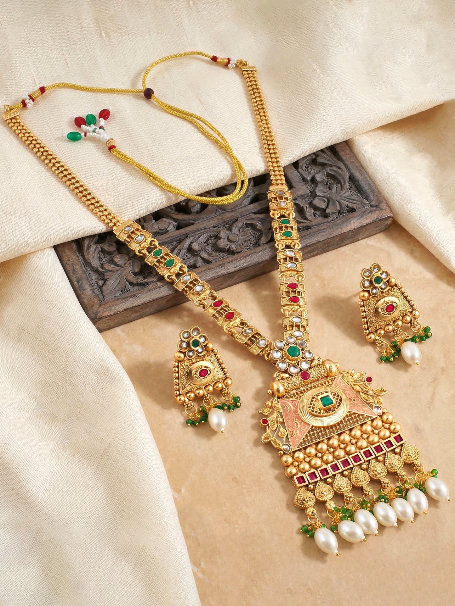 Lucky Jewellery Gold-Plated Ruby & Green Color Long Necklace Set (816-G2SR-207-RG)