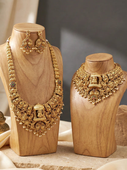 Antique Gold Plated South Indian Temple Jewelry Layered Set | Goddess Lakshmi Choker & Long Necklace with Matching Earrings for Women (3317-ISR-2184-RG)
