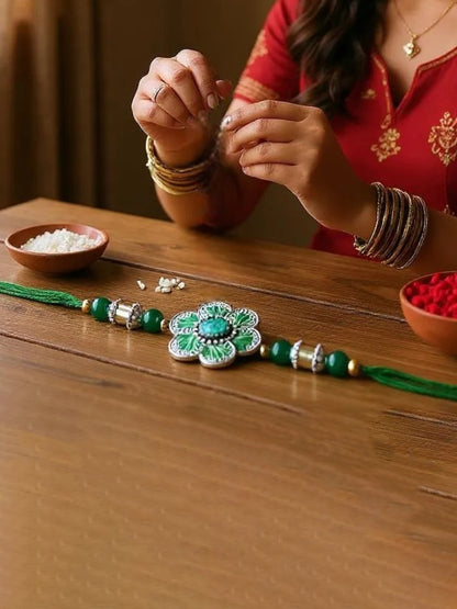 Lucky Jewellery Designer Oxidised Silver Rakhi - Rakshabandhan Green Color Meena Rakhee Bracelet for Brother/Bhaiya/Bhai/Bhabhi - Pack of 2 (106-CHR1-1967-G-S-2)