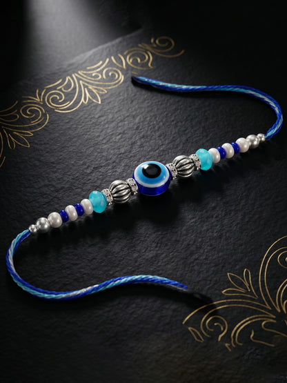 Blue Evil Eye Rakhi with Greeting Card and Roli Chawal Set for Rakshabandhan (54-S5R1-RN2239)