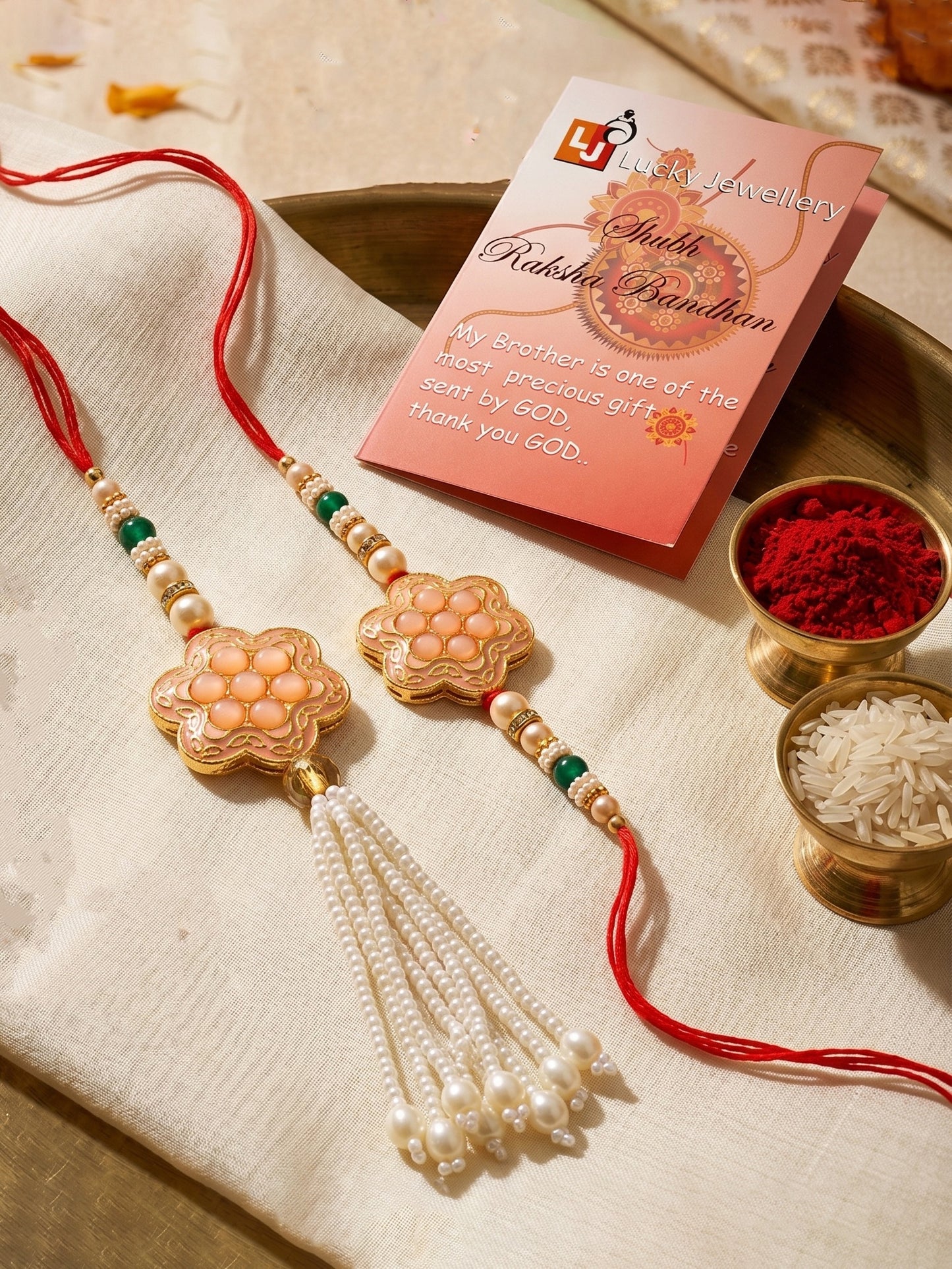 Set of 2 Bhaiya Bhabhi Rakhi Set with Floral Peach Pendant, Green & Gold Beads, Tassel Lumba (130-JPCR1-1857-PH-2-2026)